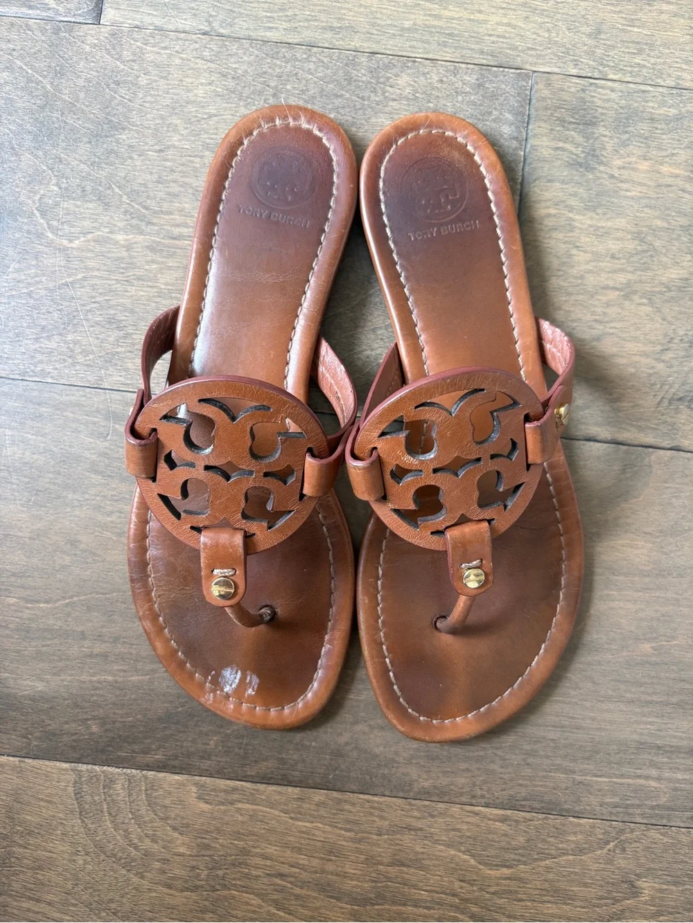 Tory Burch Brown Leather Logo Thong Sandals